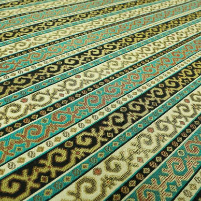 Persia Aztec Teal Blue White Chenille Upholstery Fabrics Greek Tradition Stripe CTR-771 - Made To Measure Curtains