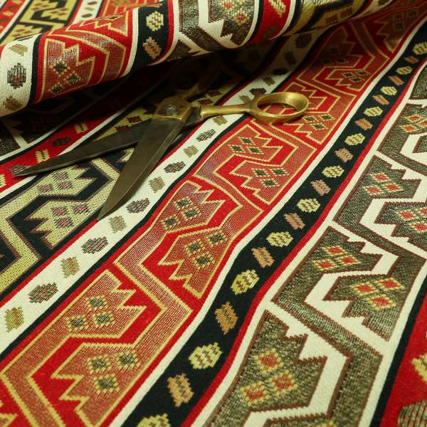 Persia Aztec Red White Texture Chenille Upholstery Fabric Geometric Kilim Stripe CTR-773
