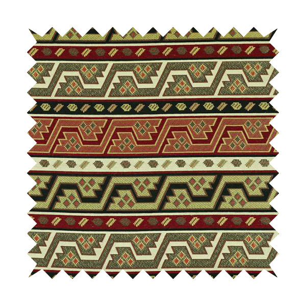 Persia Aztec Burgundy Red White Chenille Upholstery Fabric Geometric Kilim Stripe CTR-774 - Roman Blinds