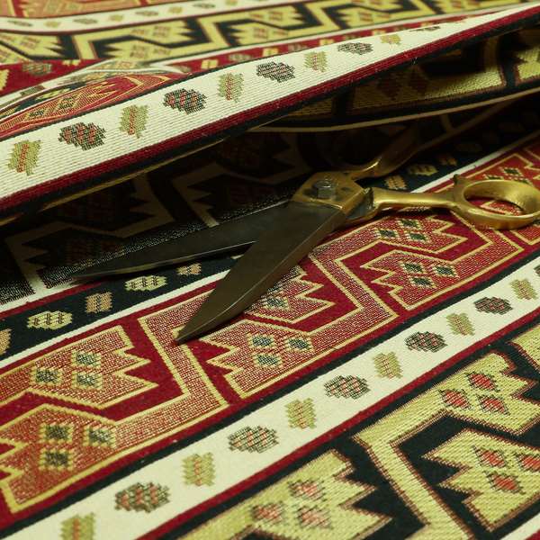 Persia Aztec Burgundy Red White Chenille Upholstery Fabric Geometric Kilim Stripe CTR-774 - Roman Blinds