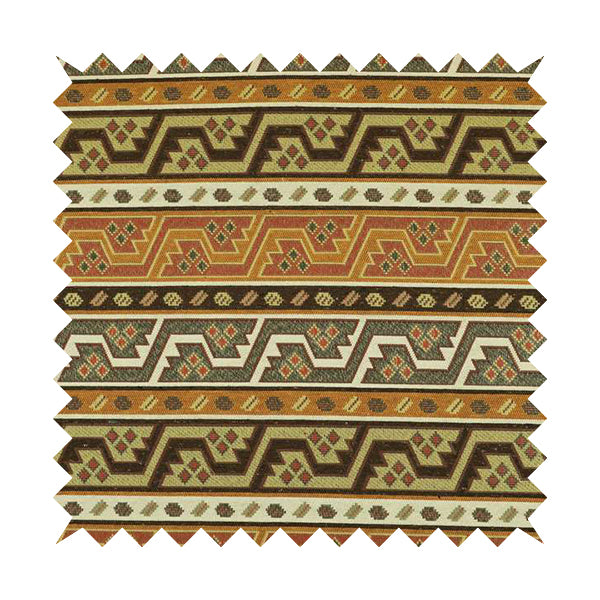 Persia Aztec Orange Brown White Chenille Upholstery Fabric Geometric Kilim Stripe CTR-775 - Roman Blinds