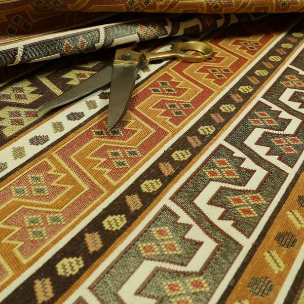 Persia Aztec Orange Brown White Chenille Upholstery Fabric Geometric Kilim Stripe CTR-775 - Roman Blinds