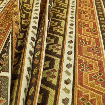 Persia Aztec Orange Brown White Chenille Upholstery Fabric Geometric Kilim Stripe CTR-775 - Made To Measure Curtains