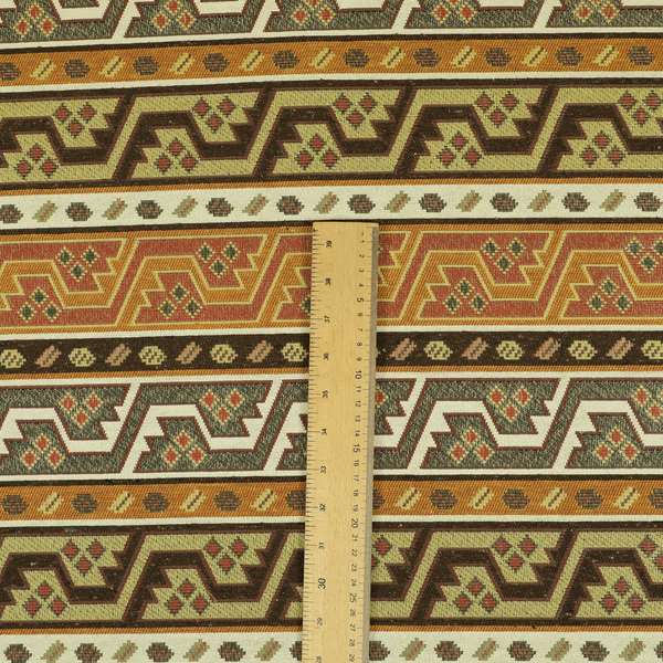 Persia Aztec Orange Brown White Chenille Upholstery Fabric Geometric Kilim Stripe CTR-775 - Roman Blinds