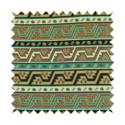 Persia Aztec Teal Blue White Chenille Upholstery Fabric Geometric Kilim Stripe CTR-776 - Roman Blinds