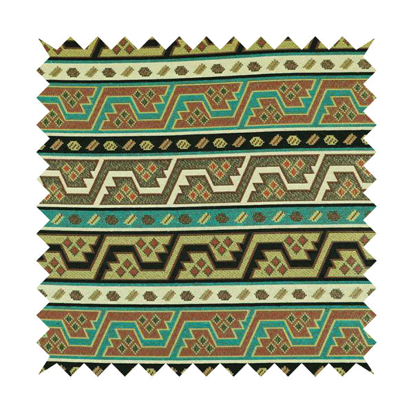 Persia Aztec Teal Blue White Chenille Upholstery Fabric Geometric Kilim Stripe CTR-776 - Made To Measure Curtains