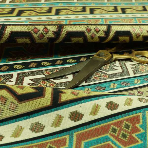 Persia Aztec Teal Blue White Chenille Upholstery Fabric Geometric Kilim Stripe CTR-776 - Roman Blinds