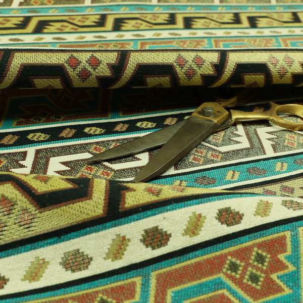 Persia Aztec Teal Blue White Chenille Upholstery Fabric Geometric Kilim Stripe CTR-776