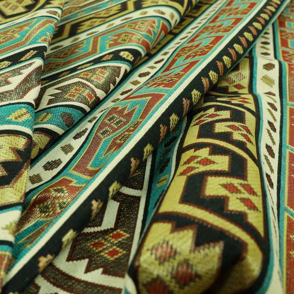 Persia Aztec Teal Blue White Chenille Upholstery Fabric Geometric Kilim Stripe CTR-776 - Roman Blinds