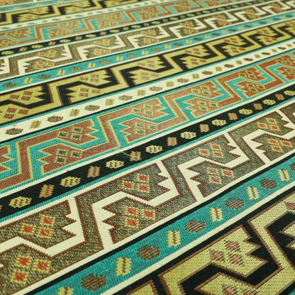 Persia Aztec Teal Blue White Chenille Upholstery Fabric Geometric Kilim Stripe CTR-776 - Roman Blinds