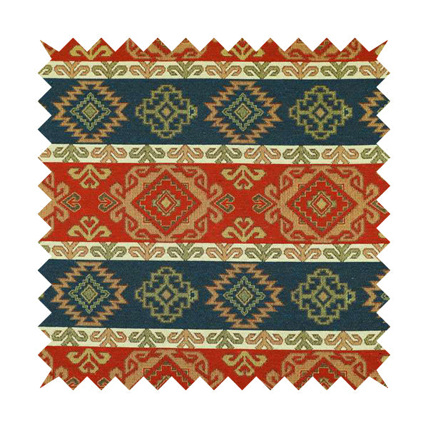 Persia Aztec Red Blue White Furnishing Fabric Traditional Kilim Stripe Pattern CTR-777 - Made To Measure Curtains