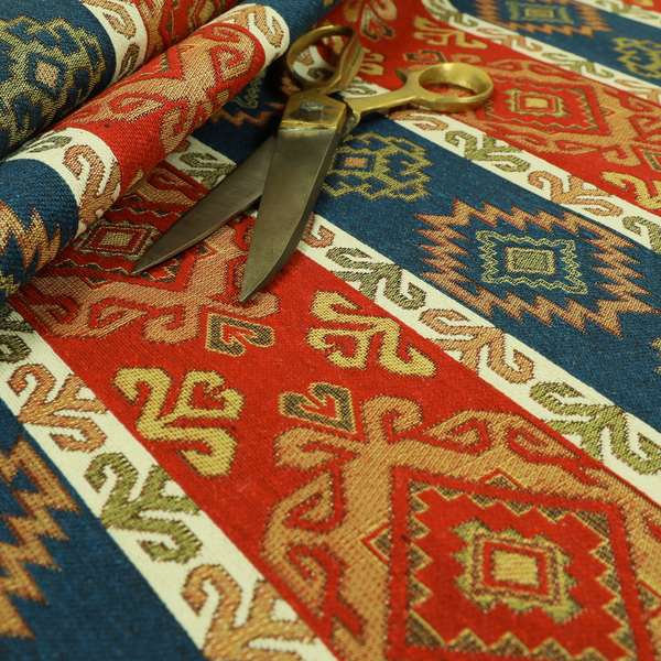 Persia Aztec Red Blue White Furnishing Fabric Traditional Kilim Stripe Pattern CTR-777