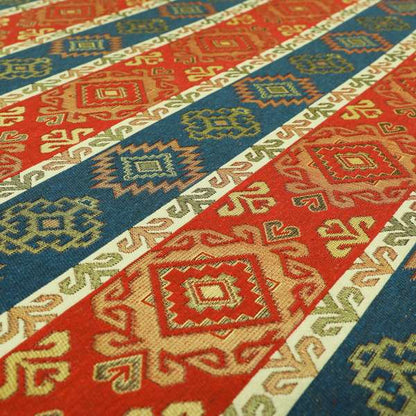 Persia Aztec Red Blue White Furnishing Fabric Traditional Kilim Stripe Pattern CTR-777 - Made To Measure Curtains