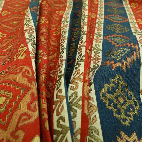 Persia Aztec Red Blue White Furnishing Fabric Traditional Kilim Stripe Pattern CTR-777 - Made To Measure Curtains