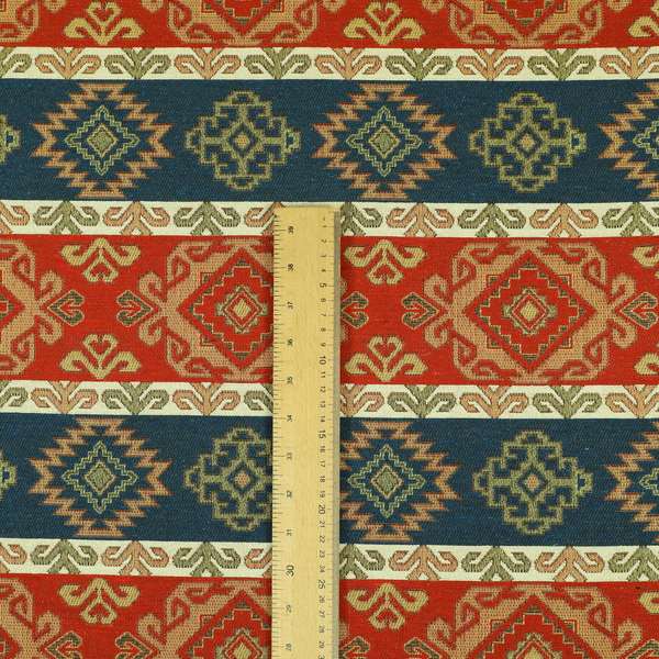 Persia Aztec Red Blue White Furnishing Fabric Traditional Kilim Stripe Pattern CTR-777 - Roman Blinds