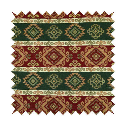 Persia Aztec Burgundy Red Green Furnishing Fabric Traditional Kilim Stripe Pattern CTR-778 - Roman Blinds