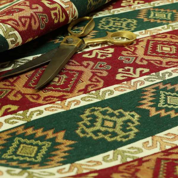 Persia Aztec Burgundy Red Green Furnishing Fabric Traditional Kilim Stripe Pattern CTR-778 - Roman Blinds