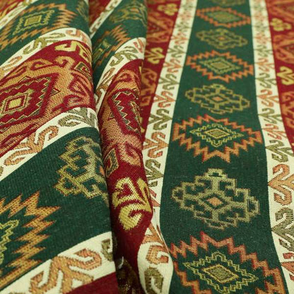 Persia Aztec Burgundy Red Green Furnishing Fabric Traditional Kilim Stripe Pattern CTR-778 - Roman Blinds