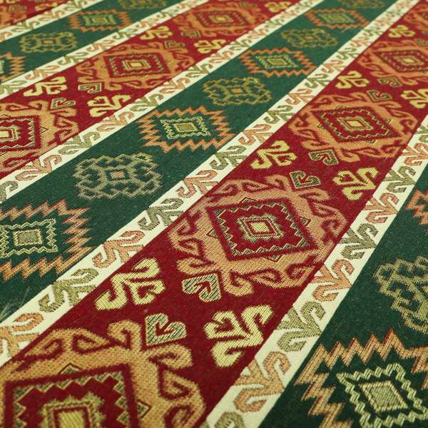 Persia Aztec Burgundy Red Green Furnishing Fabric Traditional Kilim Stripe Pattern CTR-778