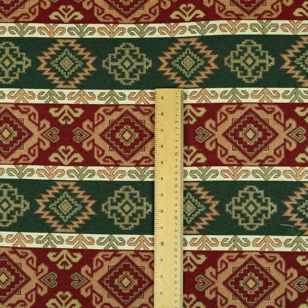 Persia Aztec Burgundy Red Green Furnishing Fabric Traditional Kilim Stripe Pattern CTR-778