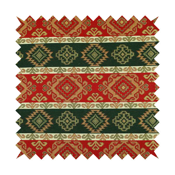 Persia Aztec Red Green Curtain Furnishing Fabric Traditional Kilim Stripe Pattern CTR-779 - Roman Blinds