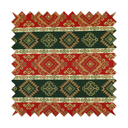 Persia Aztec Red Green Curtain Furnishing Fabric Traditional Kilim Stripe Pattern CTR-779 - Roman Blinds