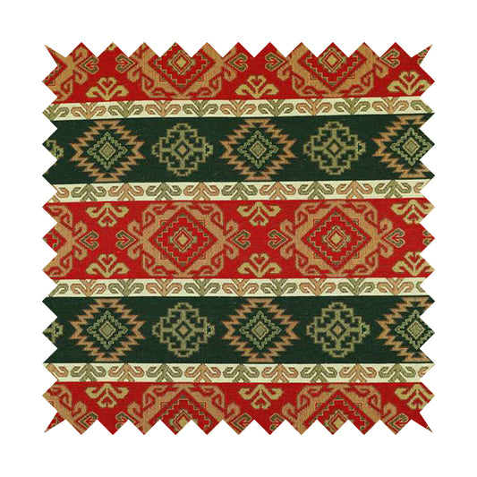 Persia Aztec Red Green Curtain Furnishing Fabric Traditional Kilim Stripe Pattern CTR-779