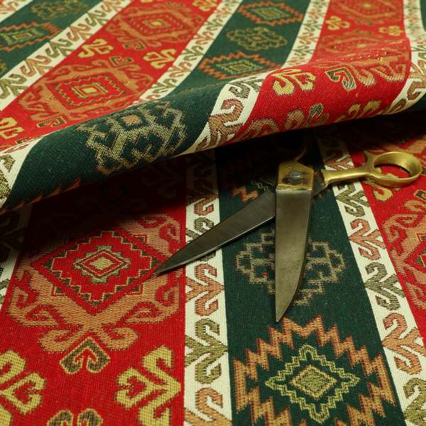 Persia Aztec Red Green Curtain Furnishing Fabric Traditional Kilim Stripe Pattern CTR-779 - Roman Blinds