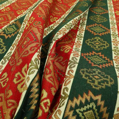 Persia Aztec Red Green Curtain Furnishing Fabric Traditional Kilim Stripe Pattern CTR-779 - Roman Blinds