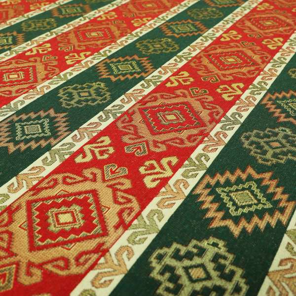 Persia Aztec Red Green Curtain Furnishing Fabric Traditional Kilim Stripe Pattern CTR-779 - Roman Blinds