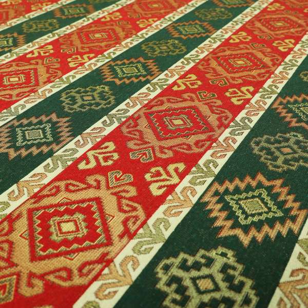 Persia Aztec Red Green Curtain Furnishing Fabric Traditional Kilim Stripe Pattern CTR-779