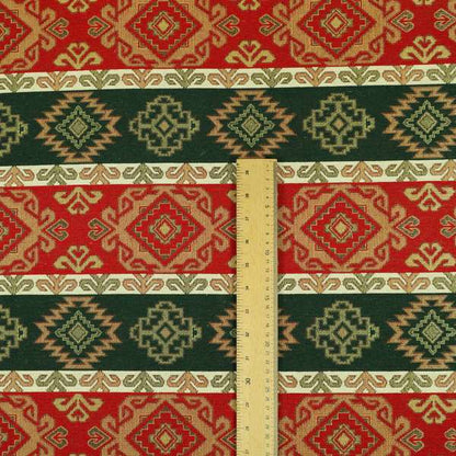 Persia Aztec Red Green Curtain Furnishing Fabric Traditional Kilim Stripe Pattern CTR-779 - Roman Blinds