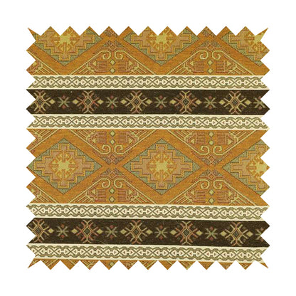Persia Aztec Yellow Brown Furnishing Fabric Traditional Kilim Stripe Pattern CTR-780 - Roman Blinds