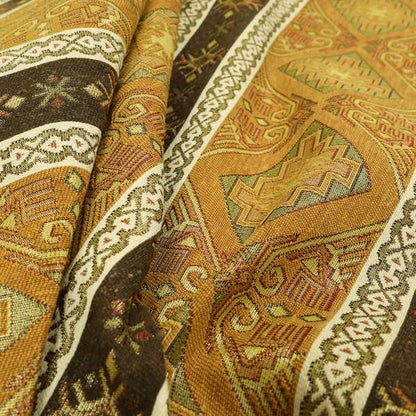 Persia Aztec Yellow Brown Furnishing Fabric Traditional Kilim Stripe Pattern CTR-780 - Made To Measure Curtains