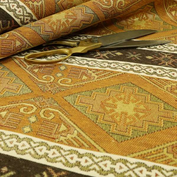 Persia Aztec Yellow Brown Furnishing Fabric Traditional Kilim Stripe Pattern CTR-780 - Made To Measure Curtains