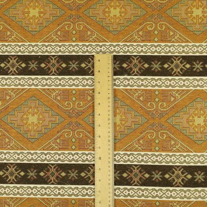 Persia Aztec Yellow Brown Furnishing Fabric Traditional Kilim Stripe Pattern CTR-780 - Made To Measure Curtains