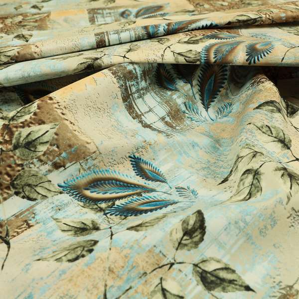 Freedom Printed Velvet Fabric Collection Patchwork Pattern Blue Colour Upholstery Fabric CTR-79 - Made To Measure Curtains