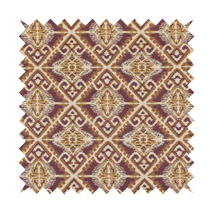 Trapeze Mexican Kilim Theme Pattern Purple Golden Yellow Chenille Upholstery Fabrics CTR-791 - Roman Blinds