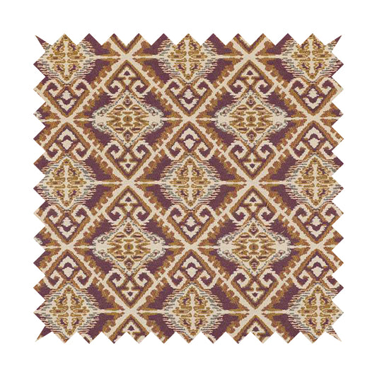 Trapeze Mexican Kilim Theme Pattern Purple Golden Yellow Chenille Upholstery Fabrics CTR-791