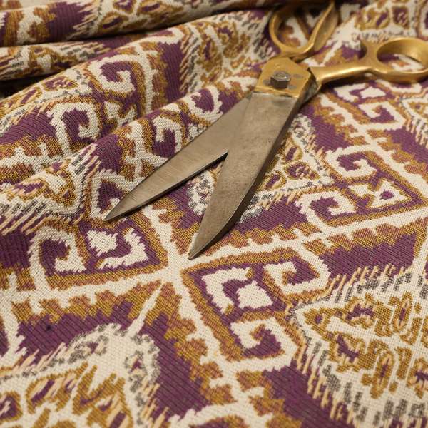 Trapeze Mexican Kilim Theme Pattern Purple Golden Yellow Chenille Upholstery Fabrics CTR-791 - Roman Blinds