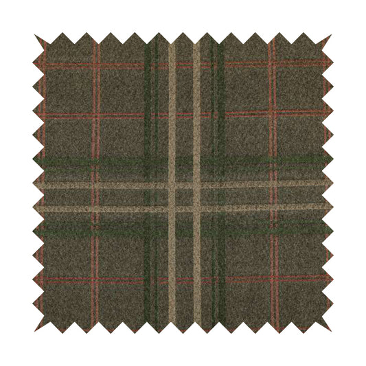 Melton Soft Wool Effect Chenille Brown Green Tartan Pattern Curtain Upholstery Fabrics CTR-825