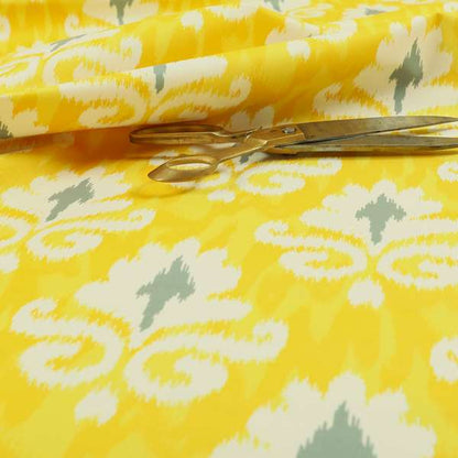 Freedom Printed Velvet Fabric Collection Damask Pattern In Yellow Grey Colour Upholstery Fabric CTR-83 - Made To Measure Curtains