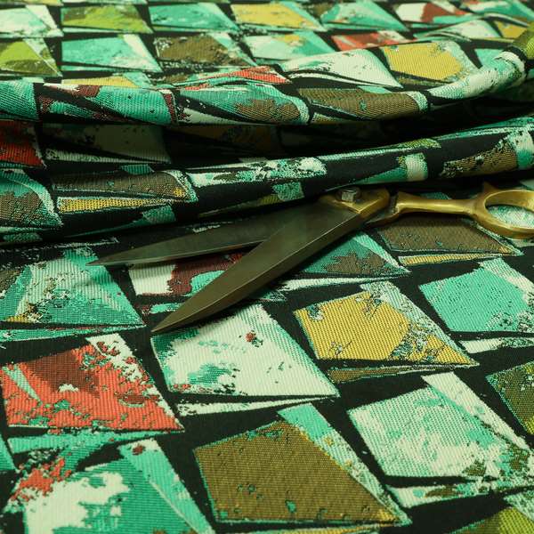 Hawaii Modern Diamond Geometric Pattern Teal Green Yellow Chenille Upholstery Fabrics CTR-836 - Roman Blinds