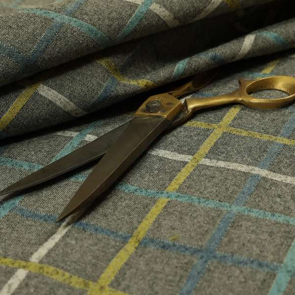 Clifton Grey Blue Yellow Colour Tartan Scottish Pattern Soft Touch Wool Effect Furnishing Fabric CTR-849