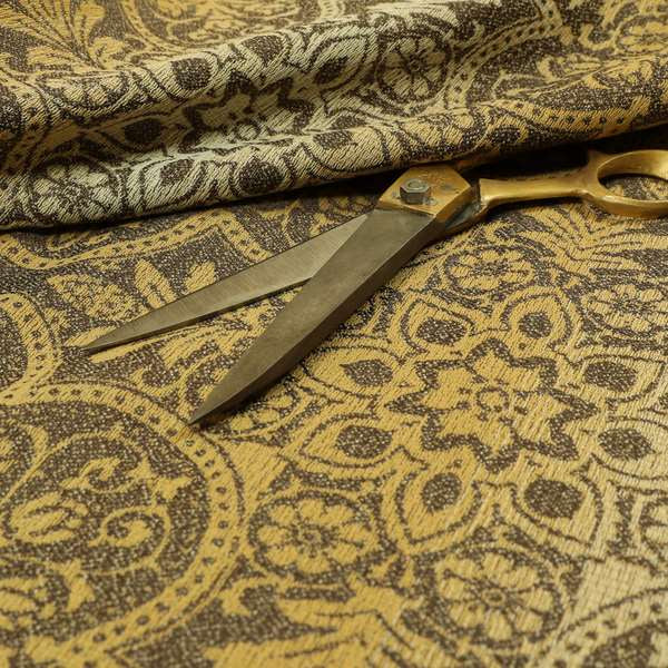 In Bloom Colourful Blossom Modern Pattern Brown Yellow Chenille Upholstery Fabric CTR-856