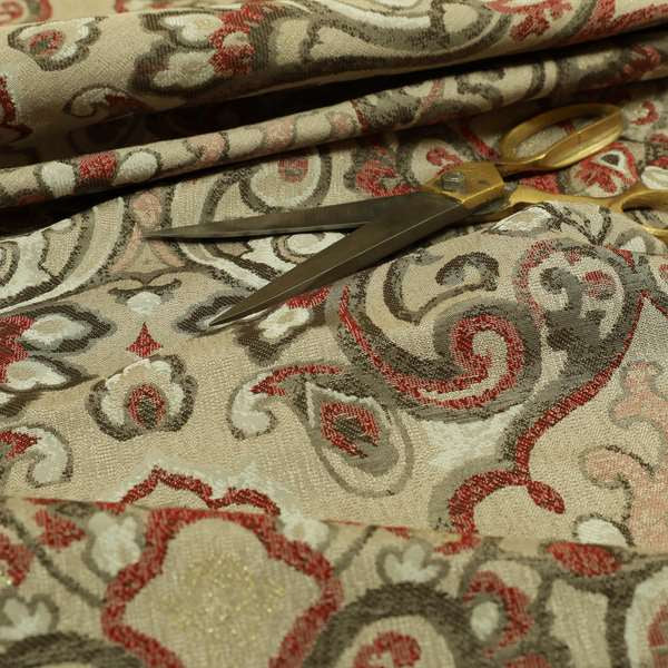 Sakura Damask Colourful Pattern Red Brown Chenille Upholstery Furnishing Fabric CTR-866 - Made To Measure Curtains