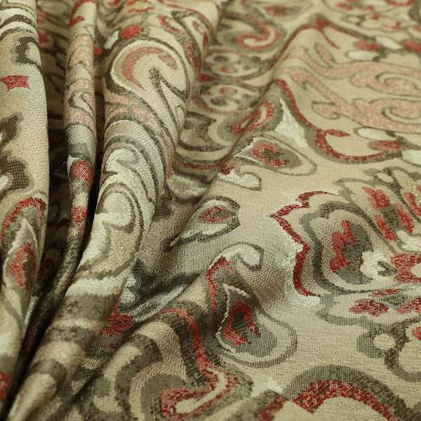 Sakura Damask Colourful Pattern Red Brown Chenille Upholstery Furnishing Fabric CTR-866