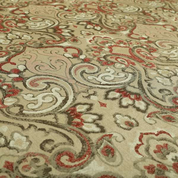 Sakura Damask Colourful Pattern Red Brown Chenille Upholstery Furnishing Fabric CTR-866