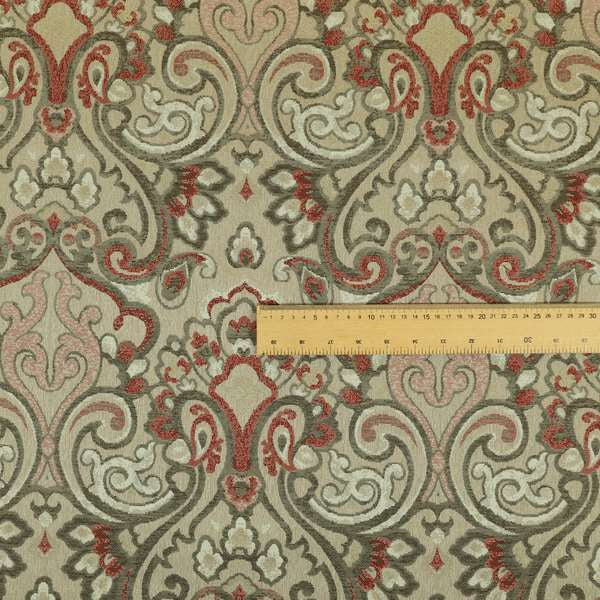 Sakura Damask Colourful Pattern Red Brown Chenille Upholstery Furnishing Fabric CTR-866 - Roman Blinds