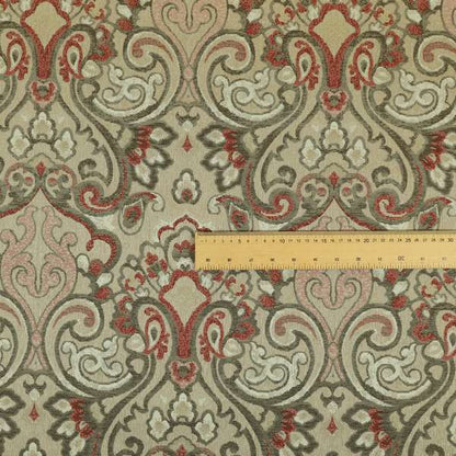 Sakura Damask Colourful Pattern Red Brown Chenille Upholstery Furnishing Fabric CTR-866